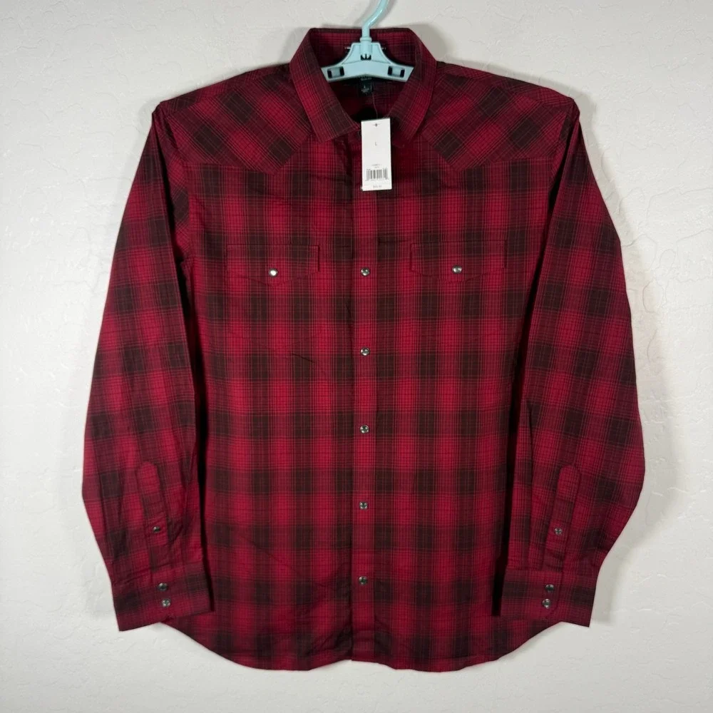 Banana Republic Shirt Mens Large Red Pearl Snap Western Plaid Slim Fit Cowboy